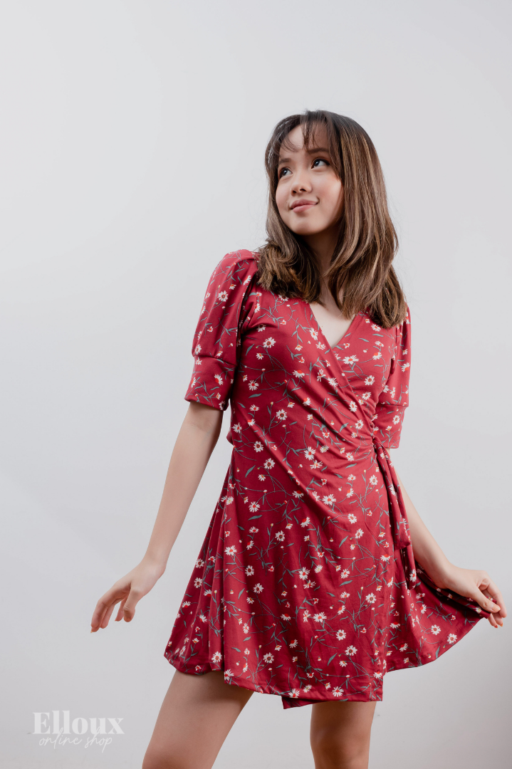 Burgundy floral hotsell wrap dress