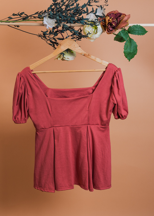Old Rose Square Neck Puffed Sleeves Top