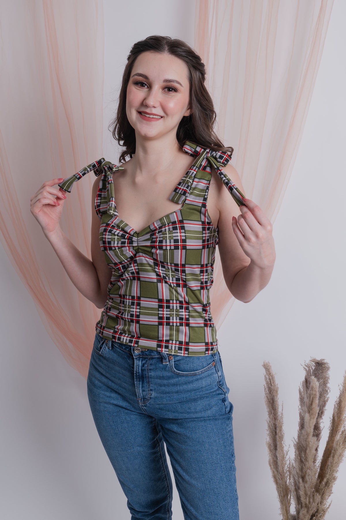 Self Tie Ribbon Top Green Checkered