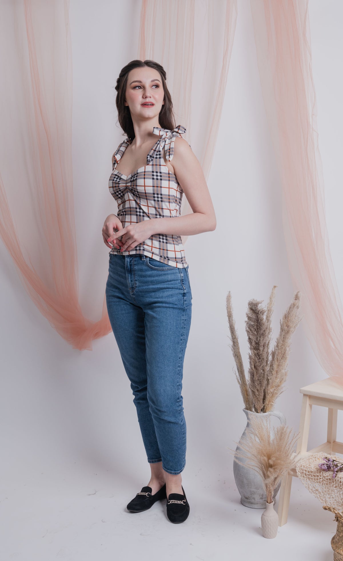 Self Tie Ribbon Top White Checkered