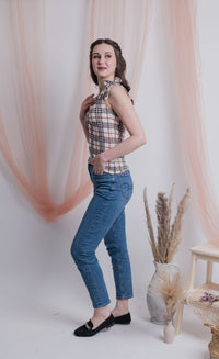 Self Tie Ribbon Top White Checkered