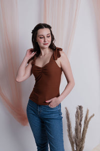 Self Tie Ribbon Top Choco Brown