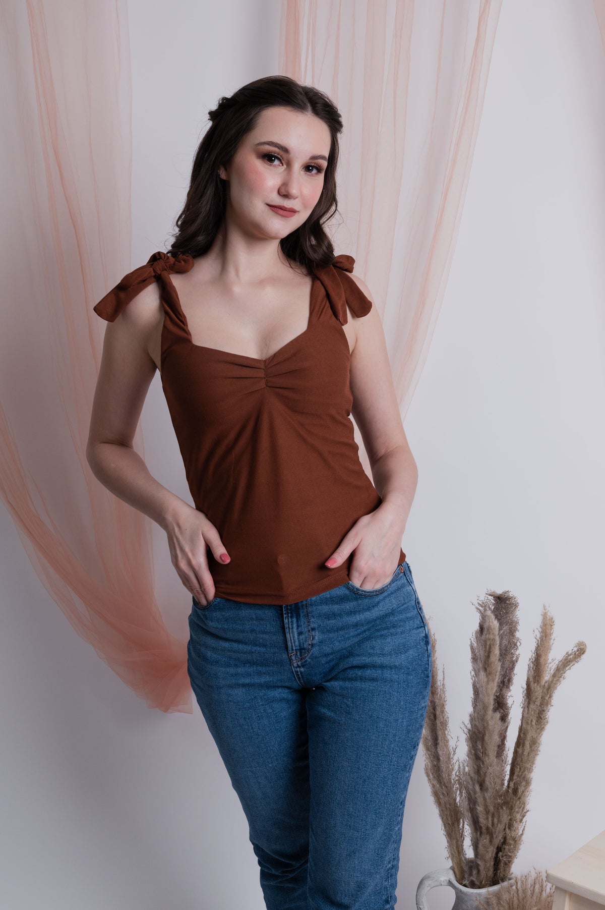 Self Tie Ribbon Top Choco Brown