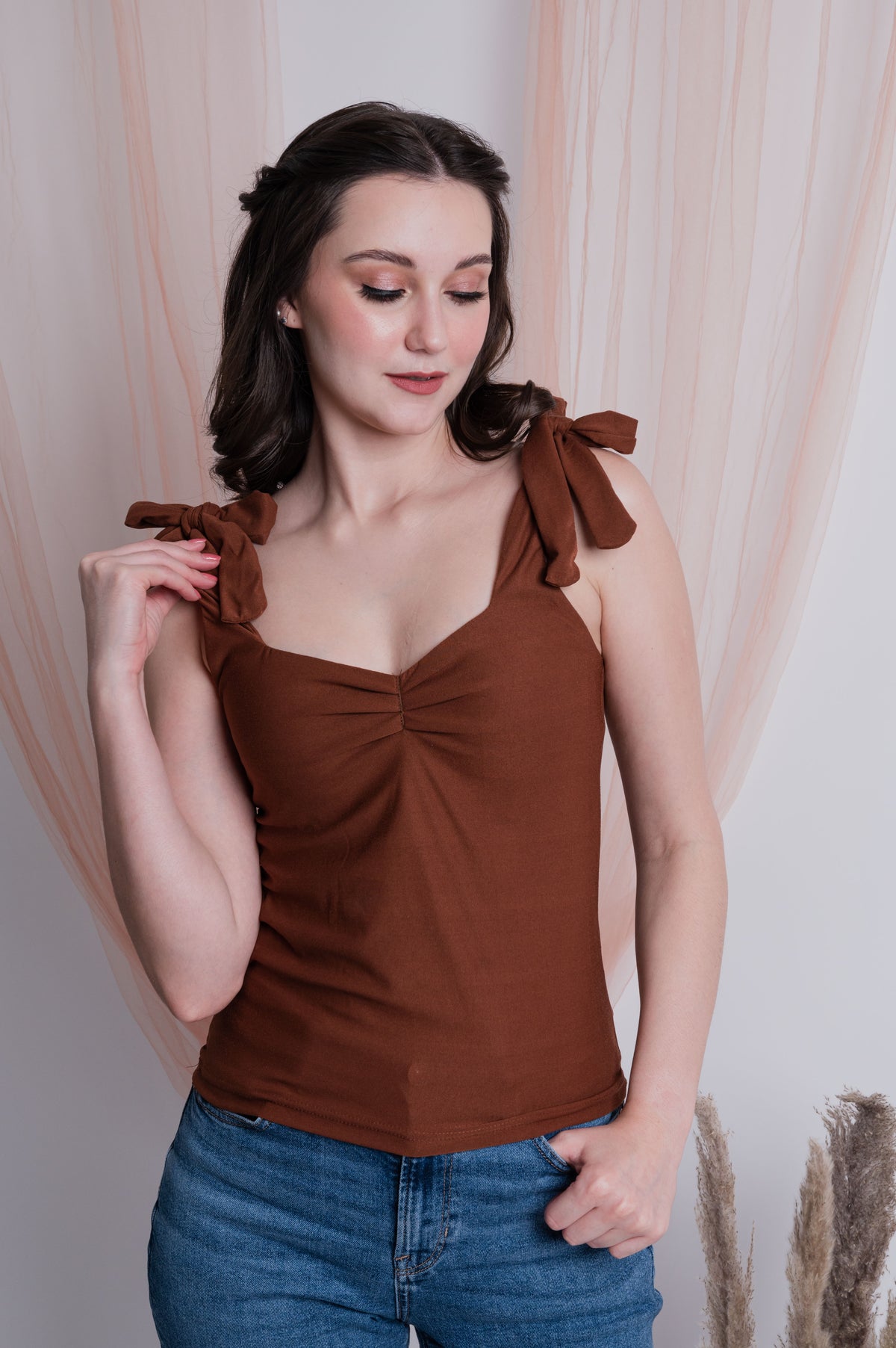 Self Tie Ribbon Top Choco Brown