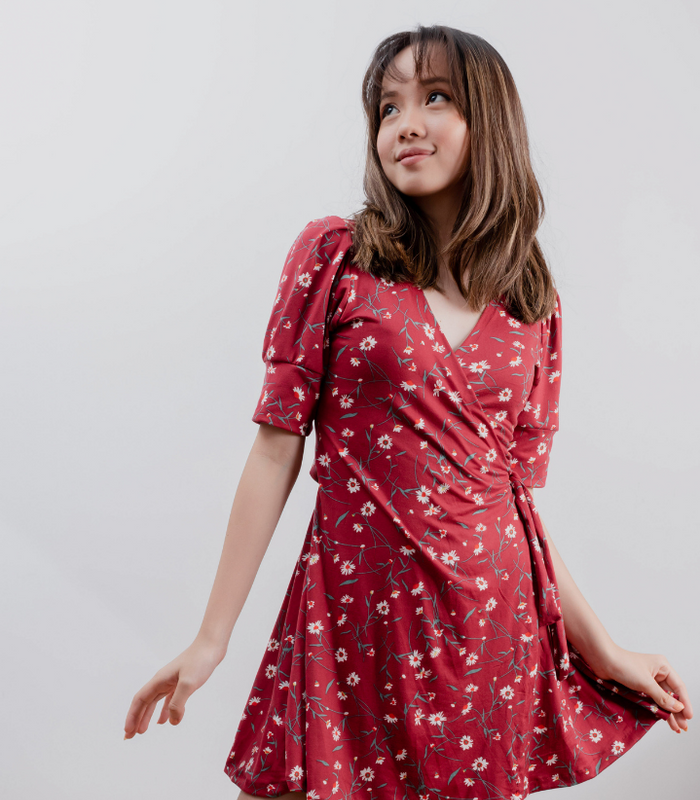 Burgundy Floral Sexy Wrap Dress
