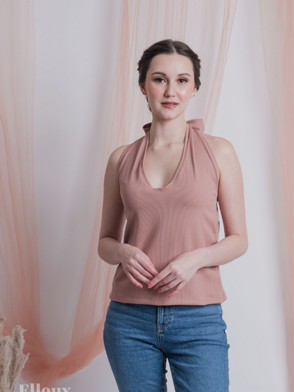 Old Rose Rib-knit Self-Tie Halter Top