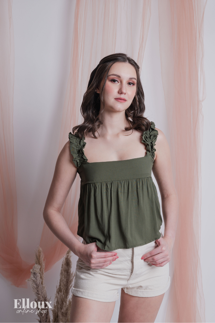 Army Green Ruffle-Strap Semi Crop Top