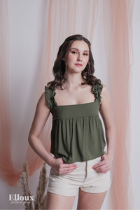 Army Green Ruffle-Strap Semi Crop Top