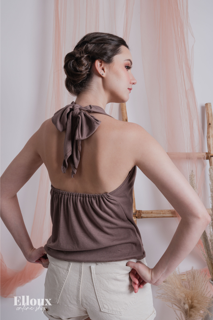 Taupe Rib-knit Self-Tie Halter Top